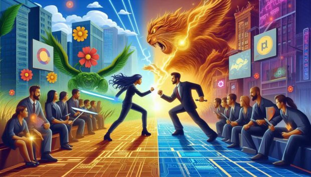 Visualize the comparison or battle between Microsoft's Power Platform and Pro-dev coded customization